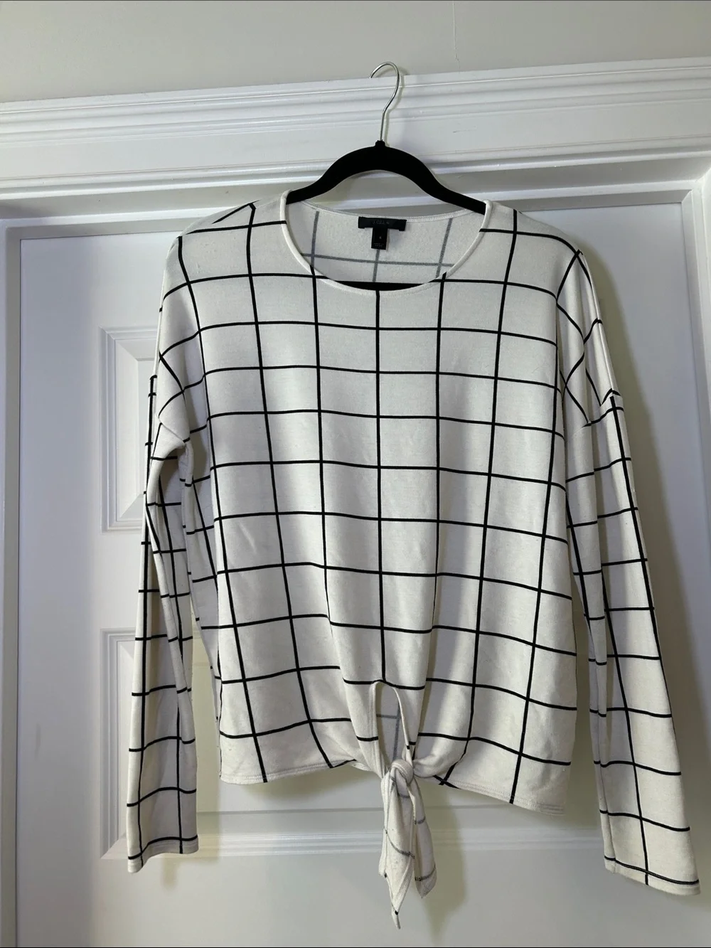 J. Crew White Black Grid Tie-Front Long Sleeve Top